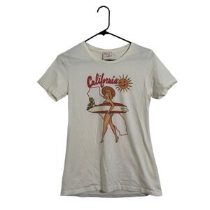Mischief Made California Surf Pinup Girl Graphic Tee Cream Womens Large Slim Fit